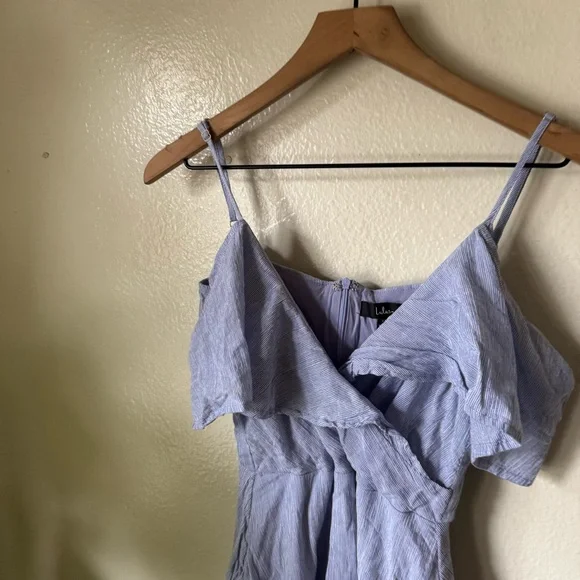 Lulus | Yacht Rock Blue and White Striped Off-the-Shoulder Midi Dress - Picture 3 of 7